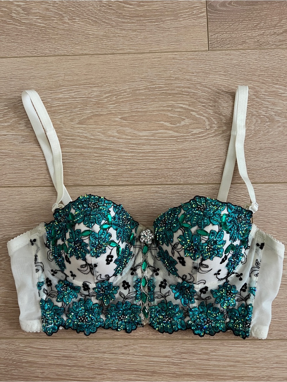 Marciano White Bra with Teal Blue/Green Floral Embroidery